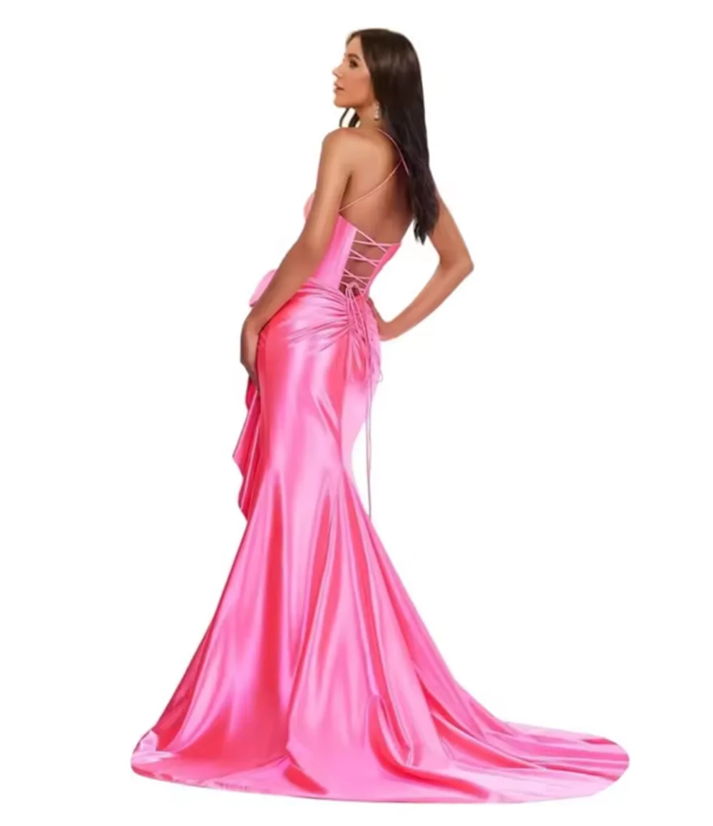 فساتين حفلة موسيقية من الساتان بأشرطة سباغيتي للنساء حورية البحر فستان سهرة بفتحة مكشوفة الكتف مع فستان ضيوف على شكل فيونكة