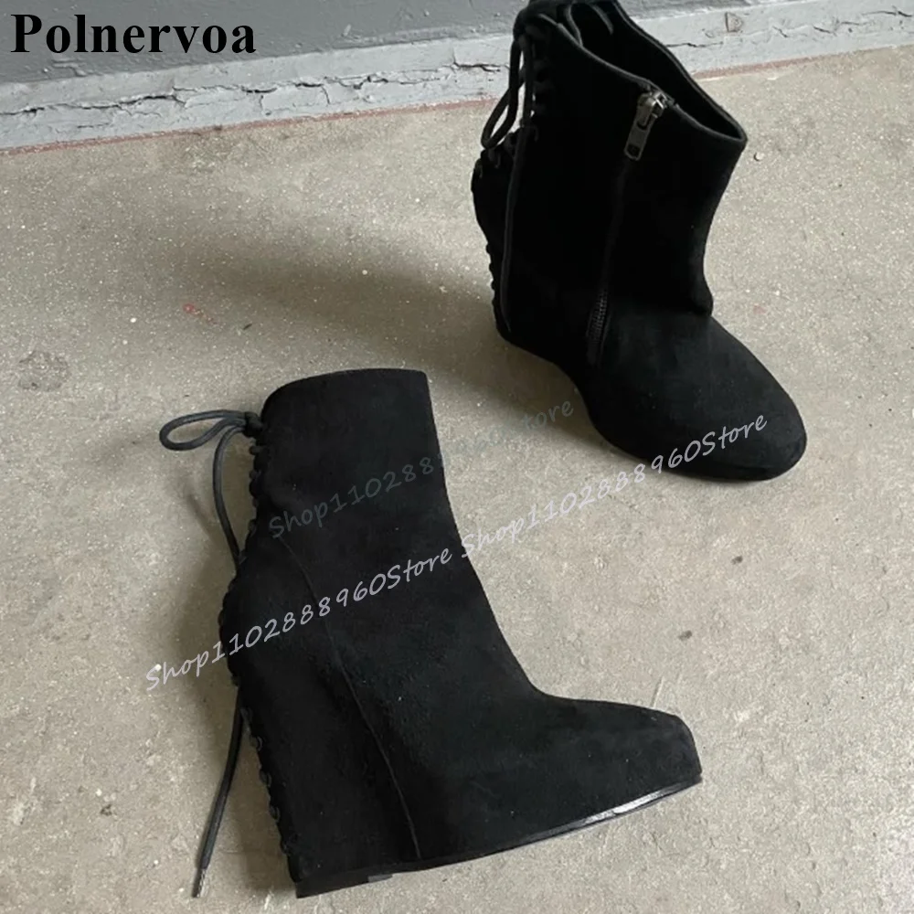 

Trending Cross Tied Black Flock Platform Ankle Boots Wedges High Heel Shoes For Women Side Zipper Round Toe Stylish Casual Shoes