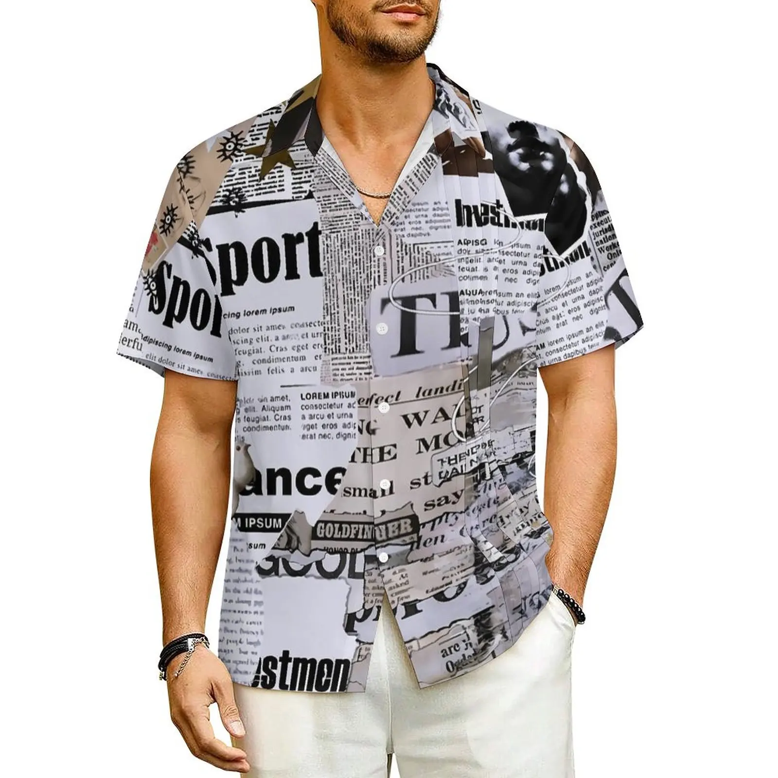 

Vintage Newspaper Casual Shirt Letter Print Cool Hawaii Shirts Men Short Sleeves Vacation Harajuku Custom DIY Oversized Blouses