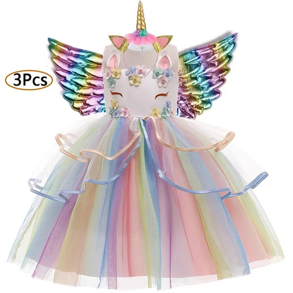Unicorn Cosplay Costume Colorful Dress For Girl Party Princess Dress Kids Slip Elegant Vestido Children Tutu Dresses 3 to 10 Yrs