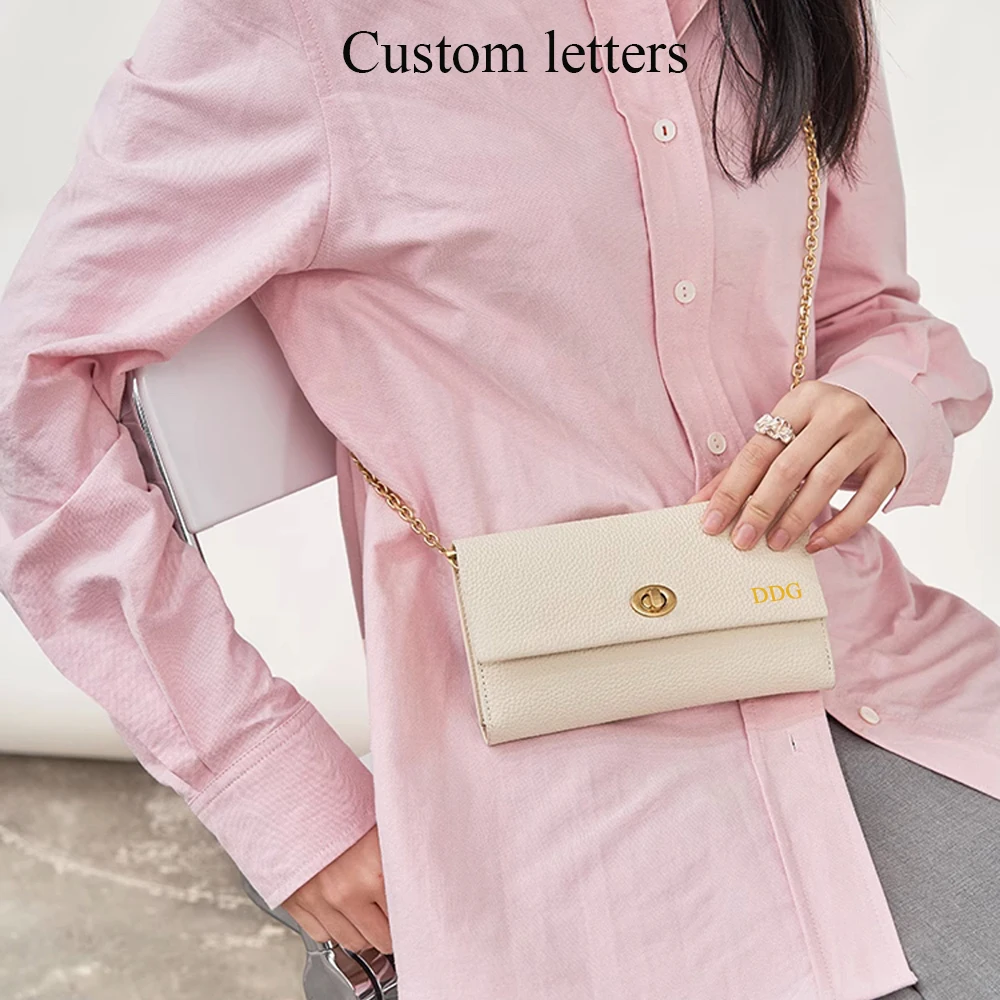 Long Genuine Leather Women Wallet On Chain Custom Name Female Crossbody Clutch Bag Engrave Letters Luxury Brand Lady Handbag