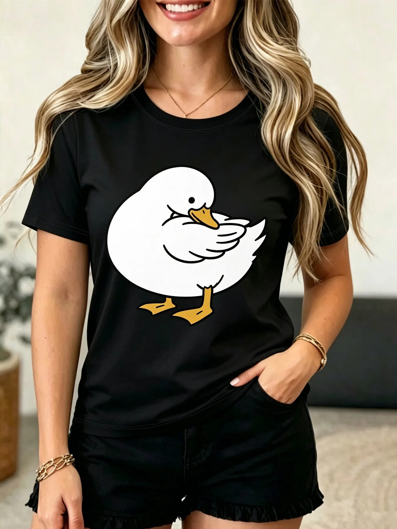 Women Crew Neck Tee Cute Cartoon White Duck Preening Graphic Print Short Sleeve Loose Ladies Cotton Plus Size Casual Top