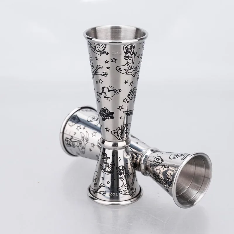 جديد 30/60 مللي جيجر من الفولاذ المقاوم للصدأ محفور بالكامل مع تصميم الوشم ، كوب قياس شريطي مزدوج الجوانب مع تغليف كيس الهدايا #6