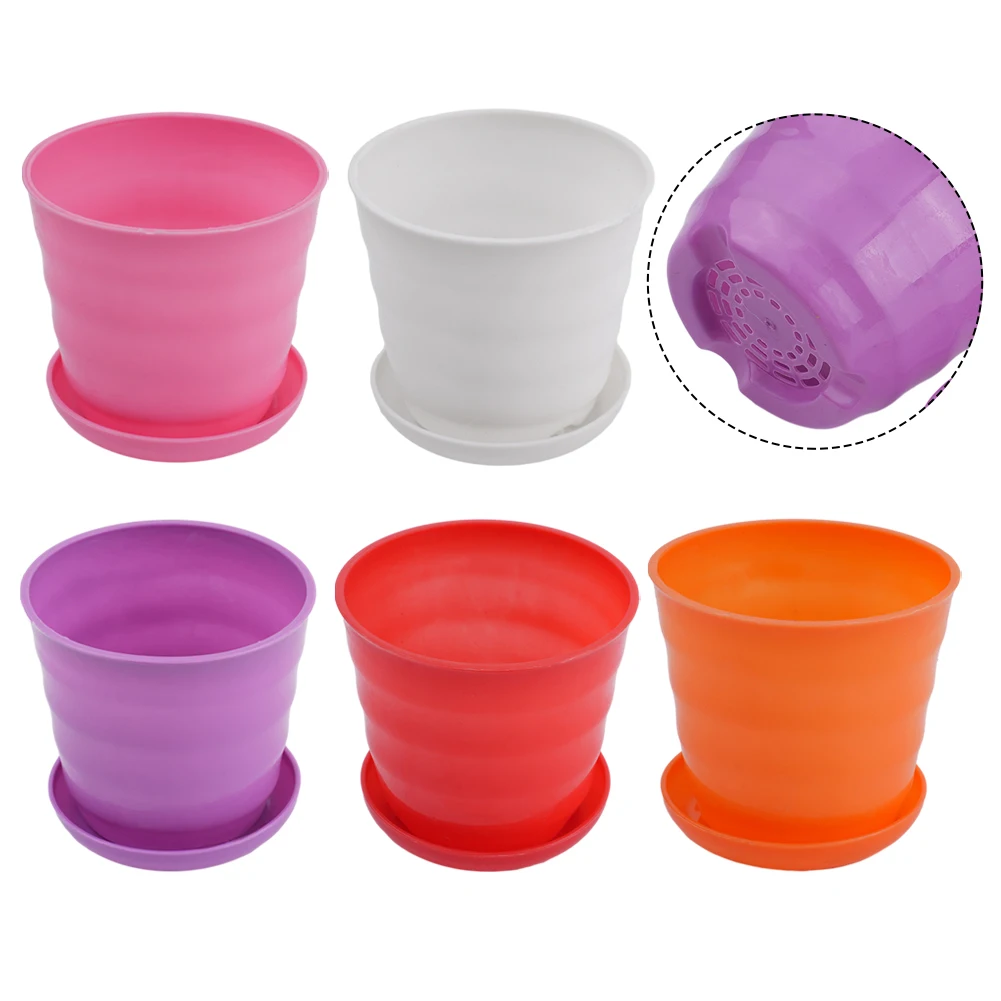 Set of 5 Randomly Colored Mini Flower Pots with Drainage Holes and Matching Saucers Perfect for Succulents and Home Decor