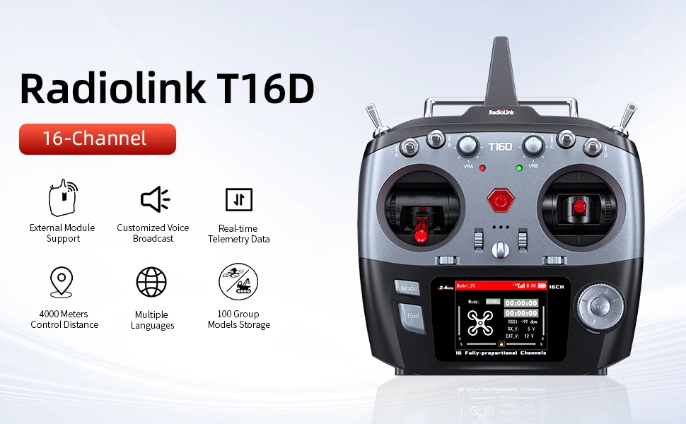 RadioLink T16D JR Modul 16CH 2,4GHz RC Sender & R16F ELRS Kompatibel FHSS 100 Modelle 4KM für FPV Drohne Starrflügler Auto Boot – Detail 2