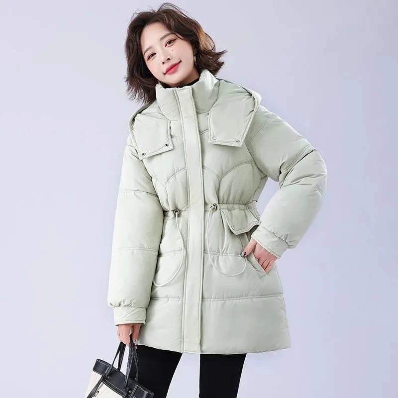 

Зимняя теплая утепленная хлопковая куртка на пуху, новинка 2025 года, тонкая хлопковая куртка с талией, зимнее толстое хлопковое пальто с капюшоном, женская длинная парка