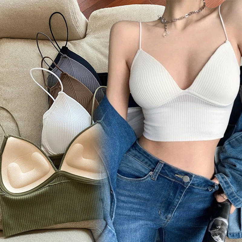 

2024 Women Tops Sexy Solid Crop Top Women Tank Tops Sleeveless Slim Camis With Bra Basic Underwear Padded Bra Suspenders Tops