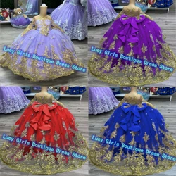 Flower Girl Dress Lavender Tulle Fluffy Gold Applique Princess Banquet Little Girls Birthday Party Evening Customise Dresses
