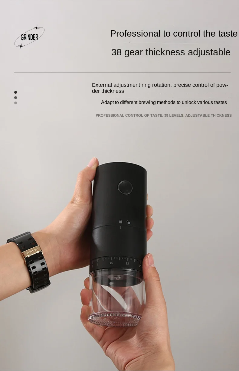 2024 Neue tragbare elektrische Kaffeemühle, 38 Gänge, Einstellung, Keramikfilter, lange Akkulaufzeit, Ein-Knopf-Start, Bohnenmühle – Detail 5