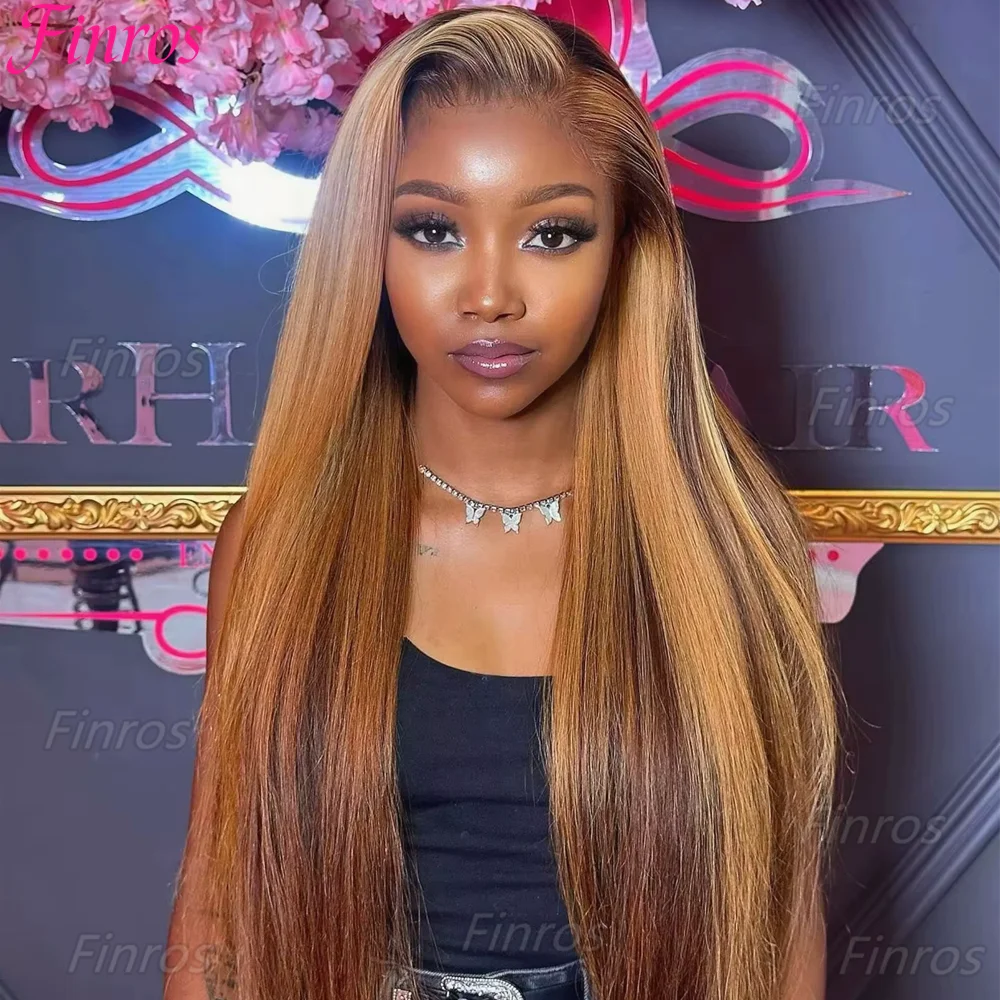 

Finros Highlight Straight Human Hair Wigs 13X6 Hd Lace Frontal Wigs Brazilian Honey Brown Colored 13x4 Lace Front Wig Preplucked