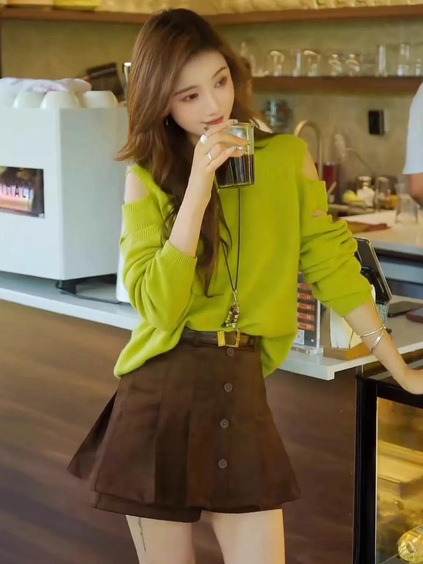 

Корейский круглый длинный вязаный свитер с вырезом свека, женский свободный утягивающий универсальный осенне-зимний топ, Новое поступление