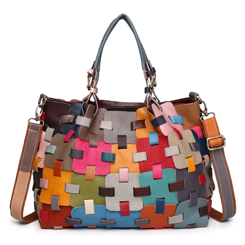 Vintage Handwoven Shoulder Bag for Women Full Grain Leather Everyday Multicolor Adjustable Crossbody Strap Luxury Handbag