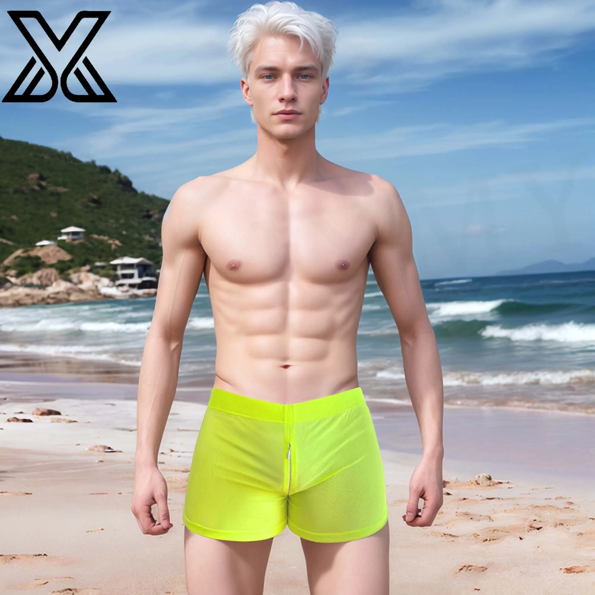 

XMJXMY Outdoor men's open crotch pants, non detachable swim trunks, invisible full zipper hollow out fun shorts