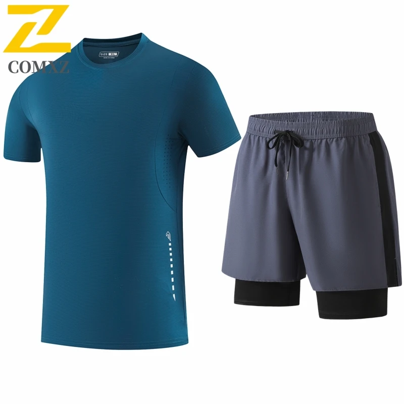 

Модный летний мужской спортивный комплект 2026: футболка с круглым вырезом и шорты из ледяного шелка, быстросохнущие, с эффектом прохлады, дышащие, для фитнеса и баскетбола