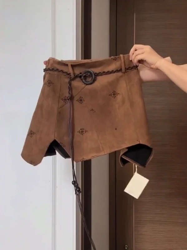 

Retro Print Coffee Suede ort Skirt Women's High Waist A-Line Skirt Autumn Slim Fit f-length Skirt Commute Korean Sle