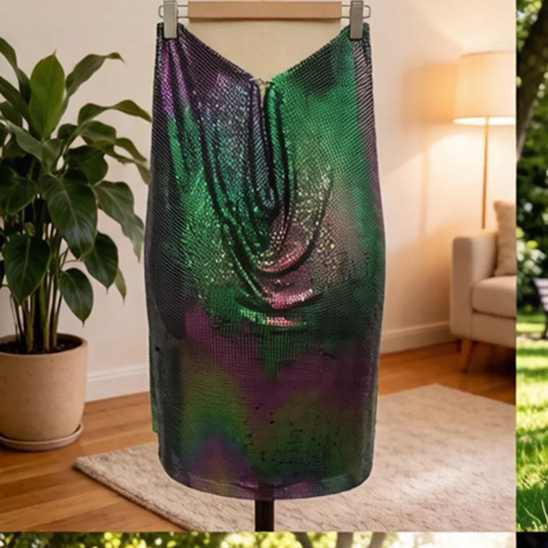 

3mm Metal Sequin Fabric for Garment Party Dress, Aluminum Chainmail, Black, Iridencent Color