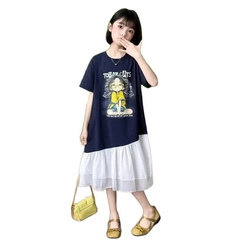2026 new summer kid party princess Girls Teenager print letter patchwork lace mesh t-shirt dress LAYERED 4 8 9 10 12 13 14 Years