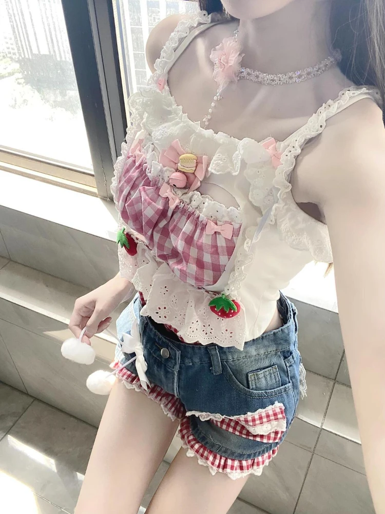 Japanese Kawaii 2 Piece Sets Summer Sweet Y2k Crop Tops + High Waist Patchwork Denim Short Pants Fashion Streetwear Outfits