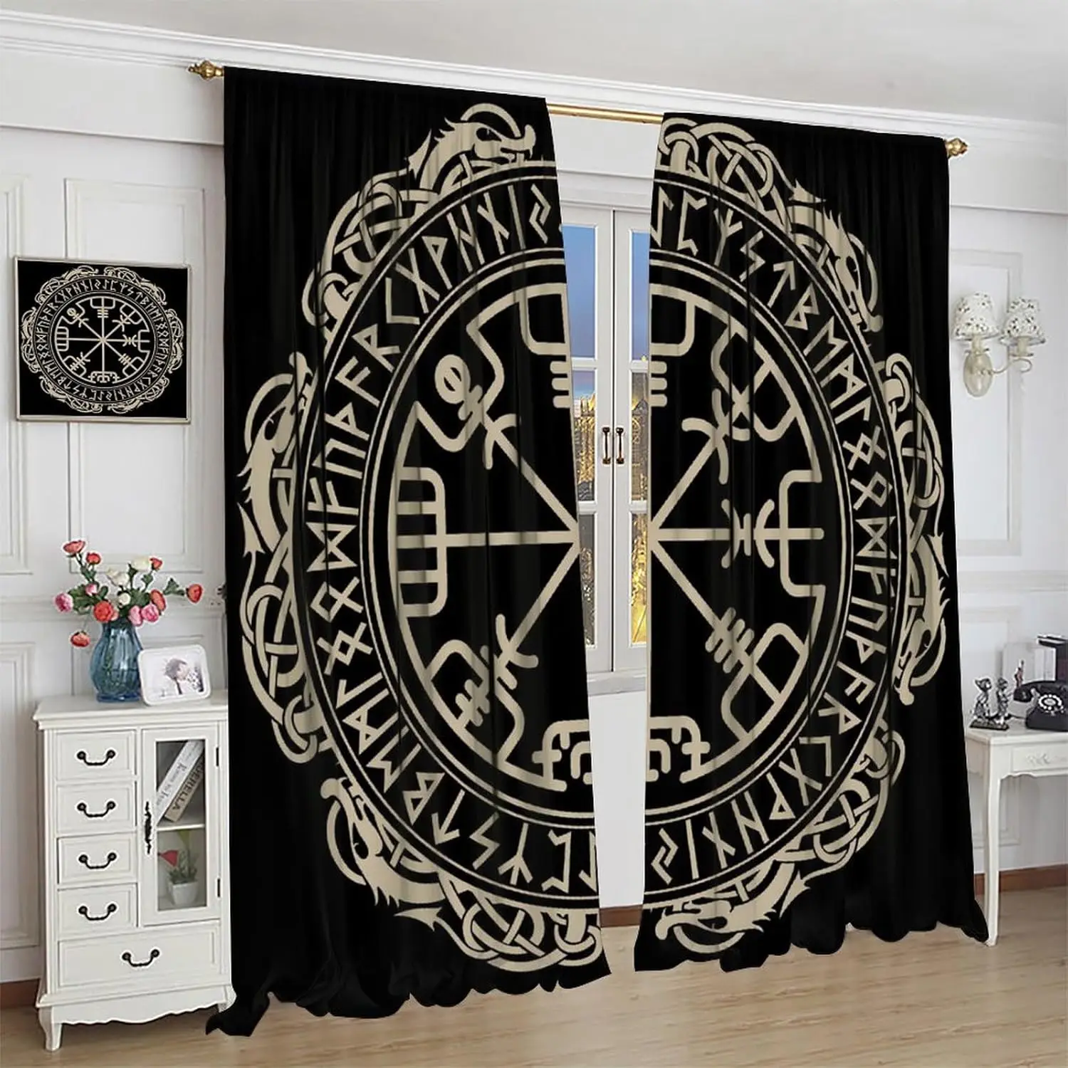 Nordische Wikinger-bedruckte Vorhänge, schwarzer Wikinger-Vintage-Kompass, nordische Mythologie, Fensterbehandlungen, Verdunkelungsvorhänge für Schlafzimmer