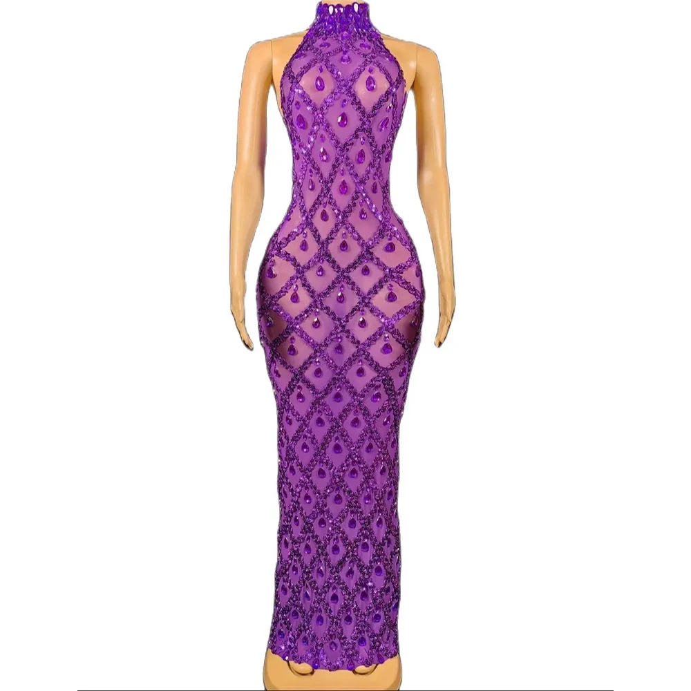 

Purple Stones dress Mermaid Bodycon Halter Sleeveless Evening Festival Clothing Rhinstone Prom Special Ocassion Show Club Dress