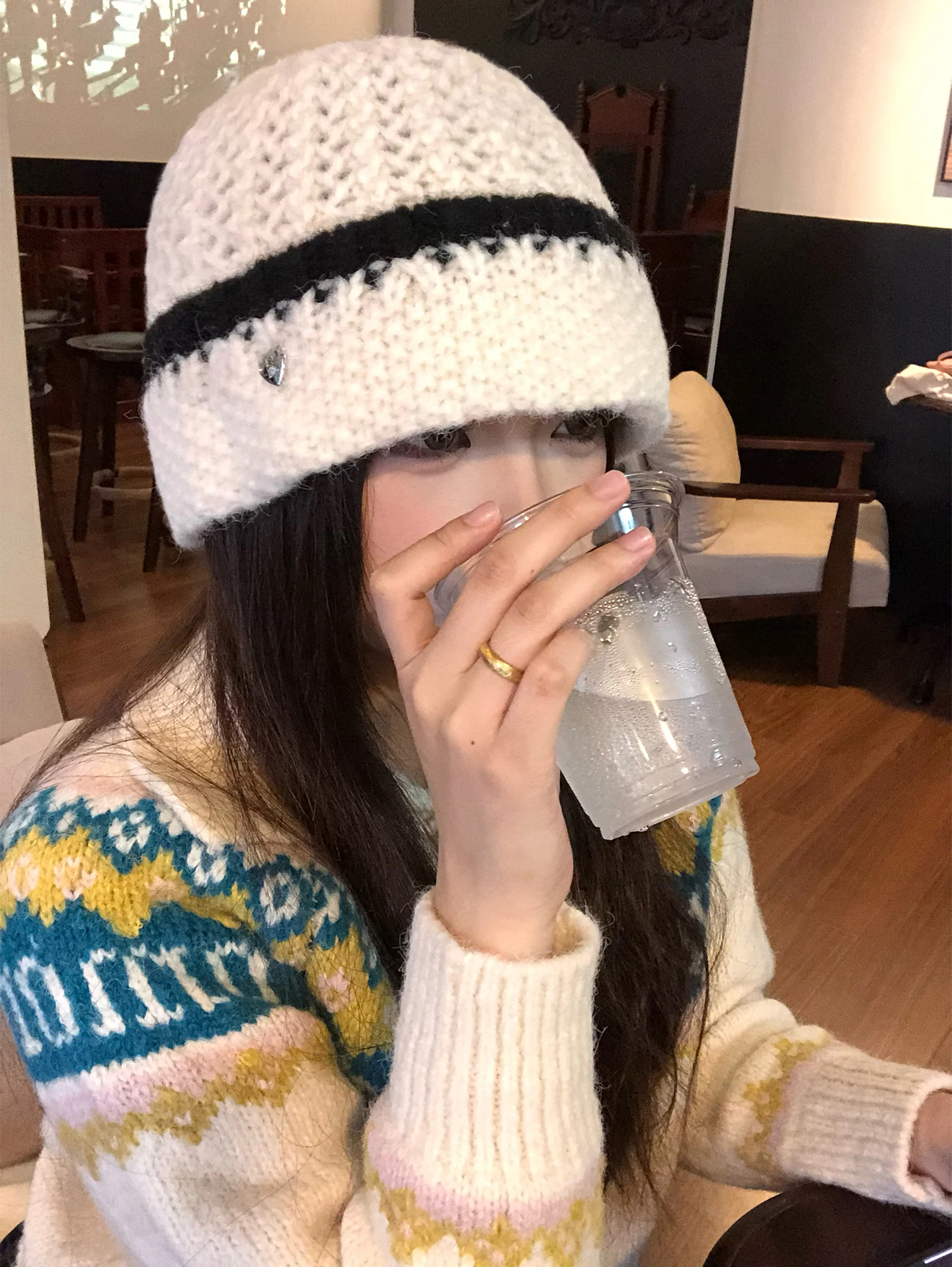 Korean Style Women's Knitted Woolen Hat Winter Warm Face Slimming Overhead Cap Large Head Size Autumn Winter No-Brow Thermal Hat