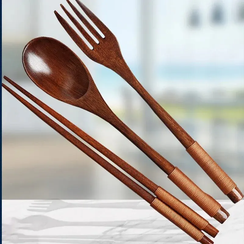 3 Piece Tableware Set Utensils for Kitchen Gadget Sets of Kitchen Gadgets Natural Wood Tableware Spoon Chopsticks Fork Cutlery