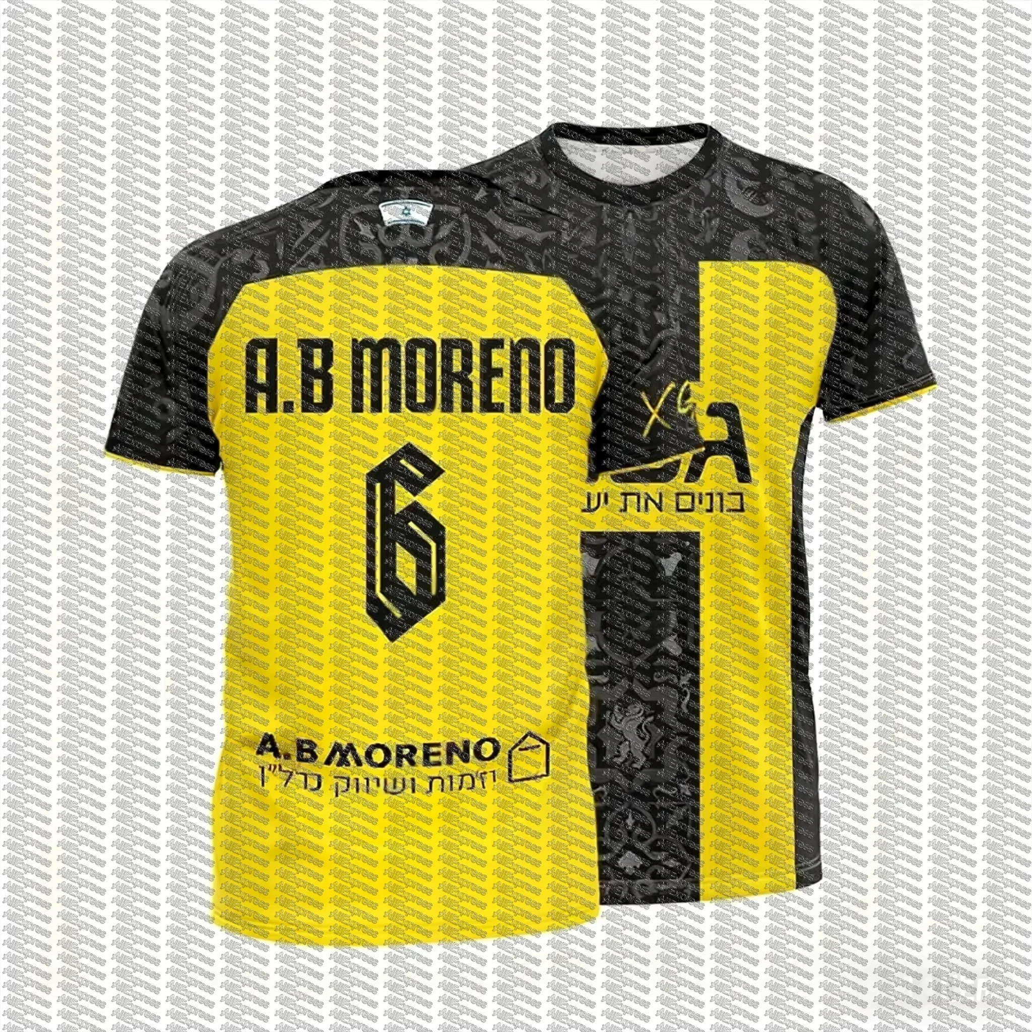 

Желто-черный футбольный трикотаж с ивритевым текстом и номером 77, высококачественная быстросохнущая дышащая футбольная рубашка для фанатов и команд