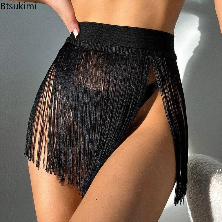 Sexy Women's High Waisted Fringe Skirt Solid Color Summer Mini Skirt Party Rock Clothing Beach Vacation Bikini Cover Up Swimsuit