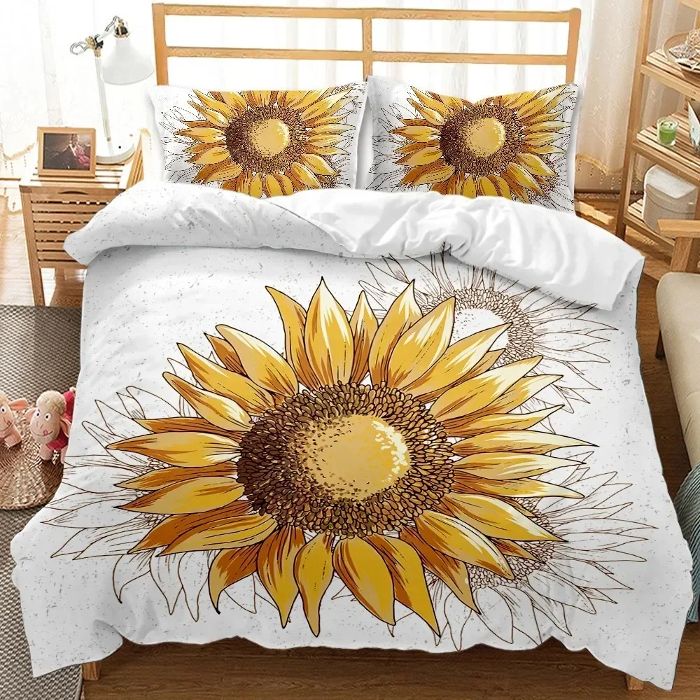 Sunflower Duvet Cover Set King Queen Size Print Decor Botanical Plants Yellow Floral Comforter Cover Black Polyester Quilt Cover