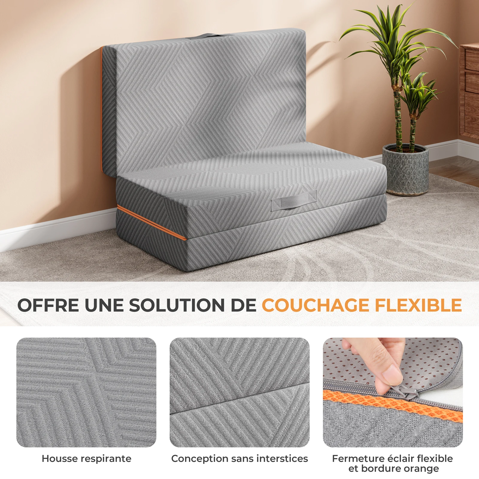 Vesgantti Matelas portable à trois volets en mousse à mémoire de forme gel de 15 cm – Lit d'invité pliant pour le camping et les voyages