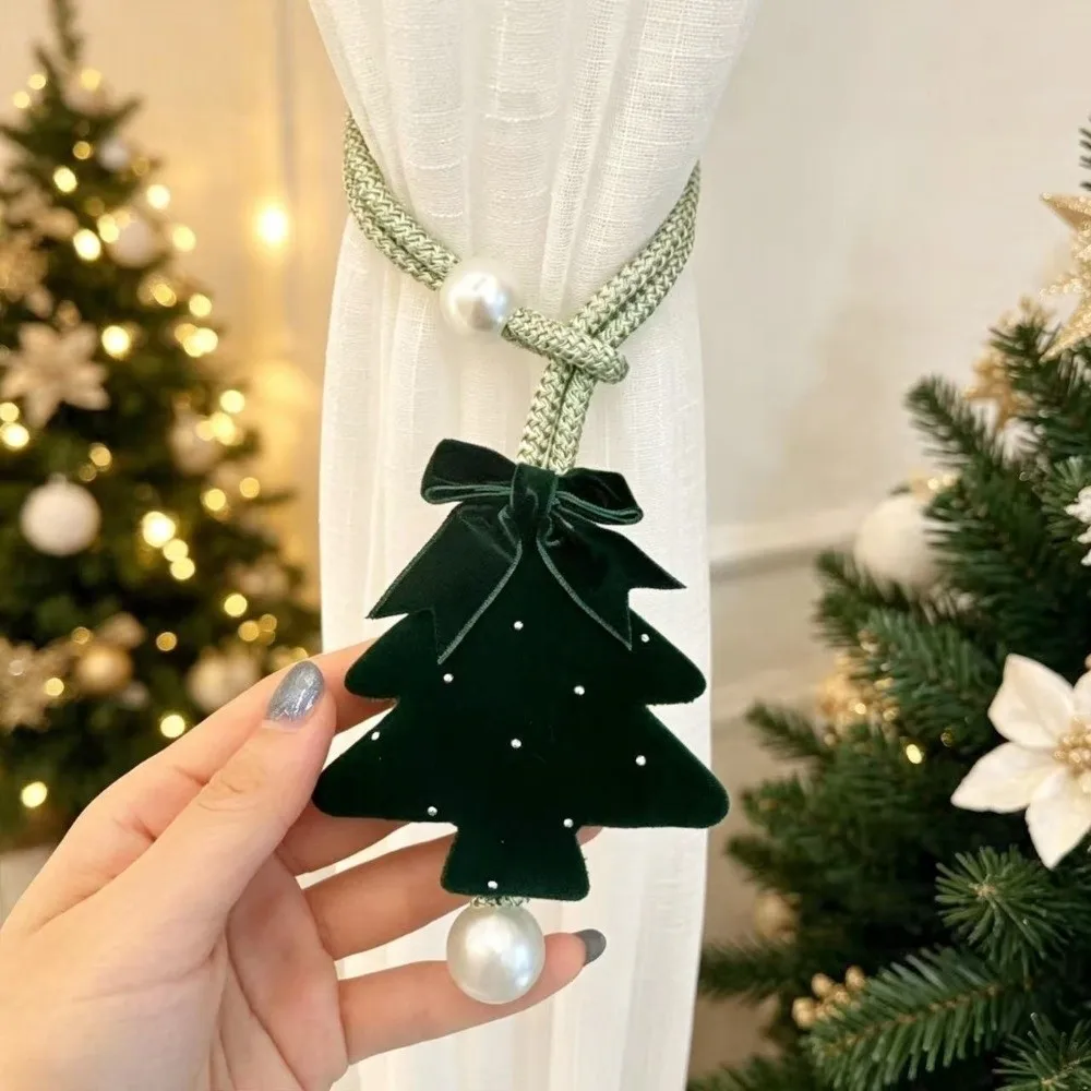 2Pcs Adjustable Christmas Tree Curtain Tieback Braided Cord Pearl Bow Velvet Tree Curtain Strap Plush Shape-Retentive