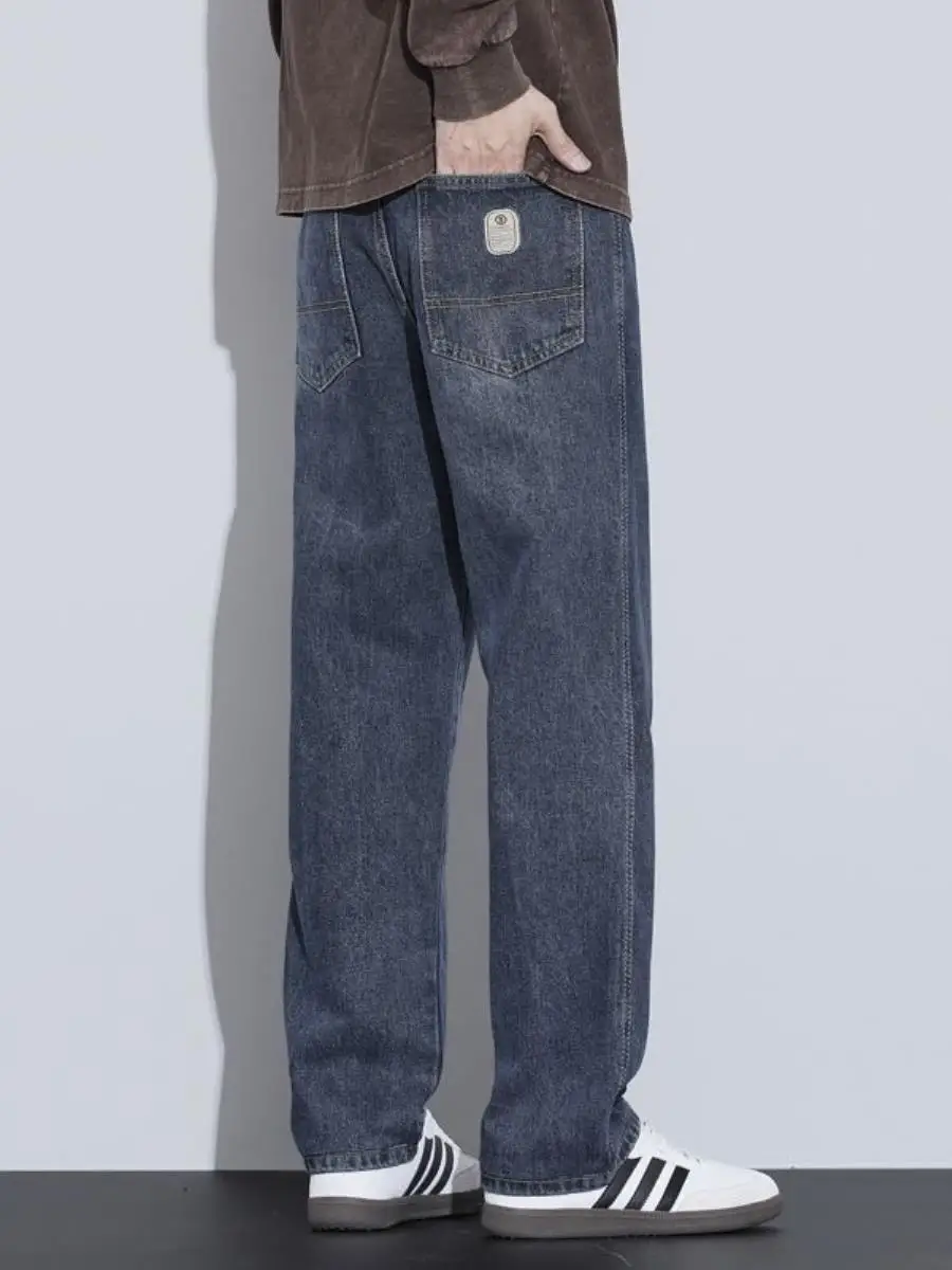 

Trendy Loose Straight Leg Men's Jeans Casual Comfortable Wide Leg American Retro Sle mid Waist Waed Cotton Jeans