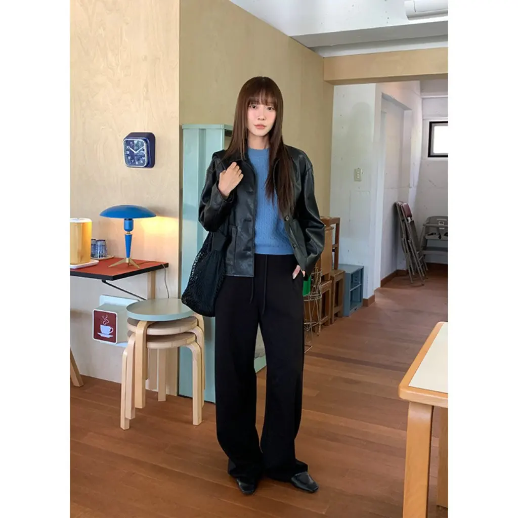 Klasyczna kurtka skórzana damska z luźnym kołnierzem, uniwersalna odzież wierzchnia w stylu koreańskim, nowość na jesień, odpowiednia na różne okazje.