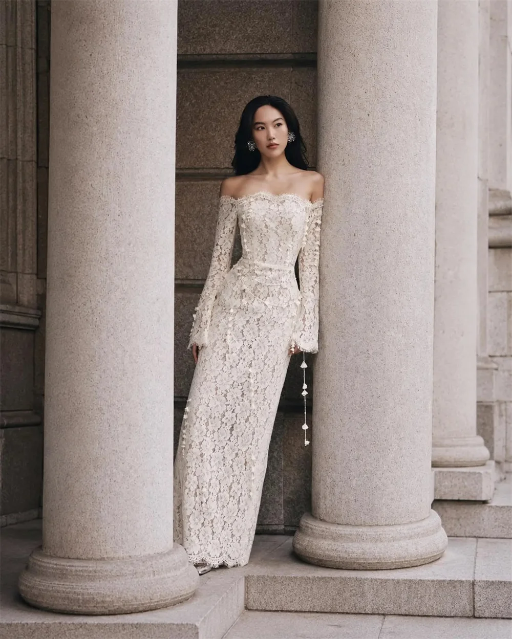 Sansa Customized Strapless Prom Dresses Lace Embroidery Long Sleeve Vestidos De Noche Sheath Waist Cinching Formal Evening 2026
