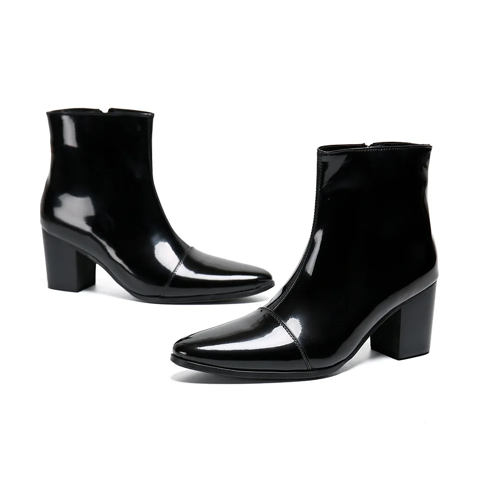 Pointed Toe Leather Dress Boots Men 7CM High Heel Men Boots Zip Black Business Leather Ankle Boots Bota Masculina!