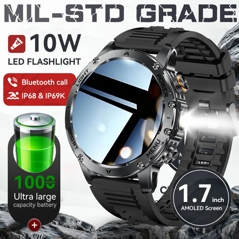 

2025 Новые американские умные часы MIL-STD с GPS, 1,7 дюйма, AMOLED, водонепроницаемые, 1000 мАч, аккумулятор большой емкости, 10 Вт, светодиодная вспышка, умные часы для мужчин