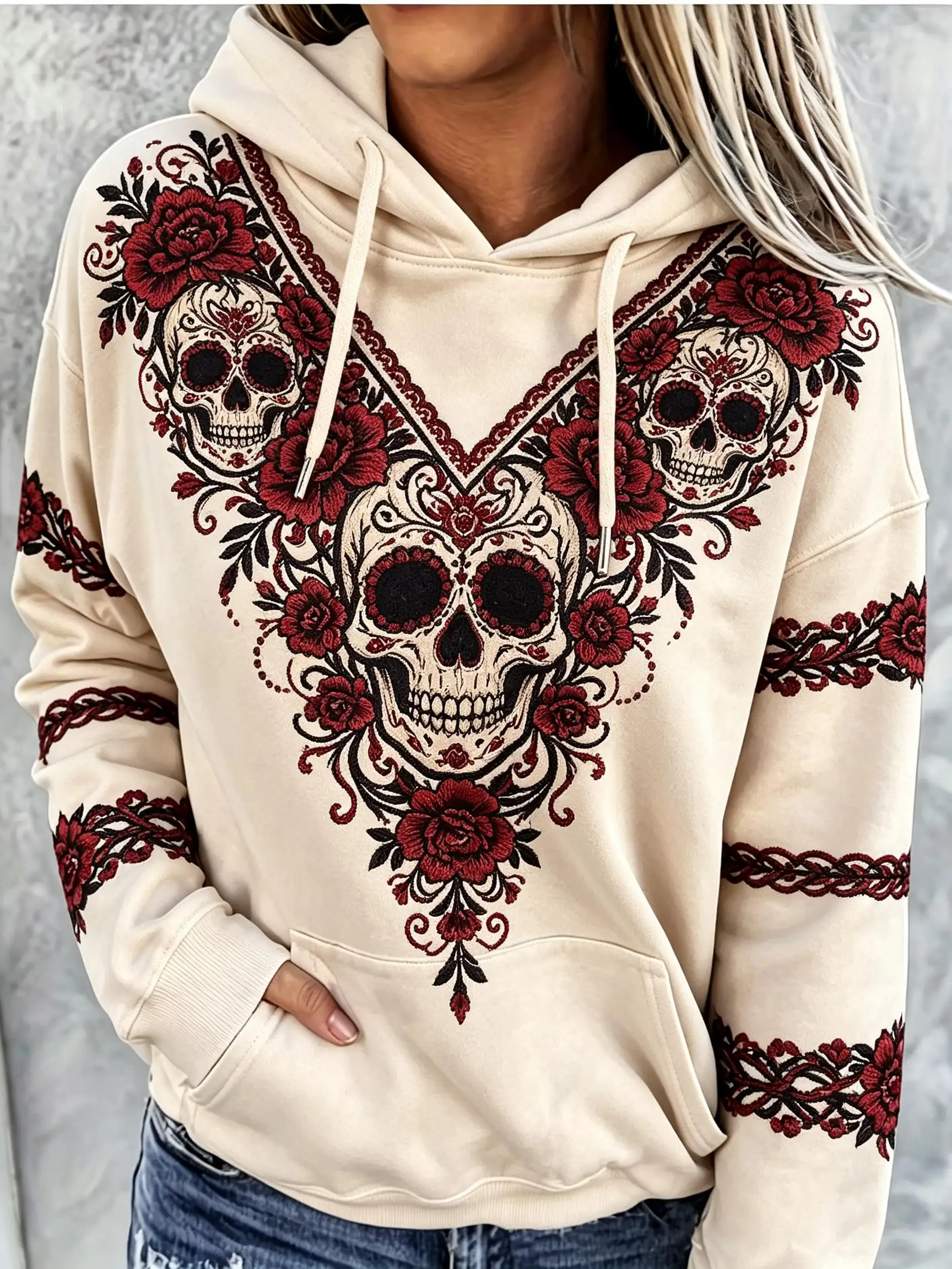 Women Fleece Hoodie Tribal Ornate Wolf Head Geometric Pattern Print Long Sleeve Drawstring Pocket Loose Hooded Sweatshirt