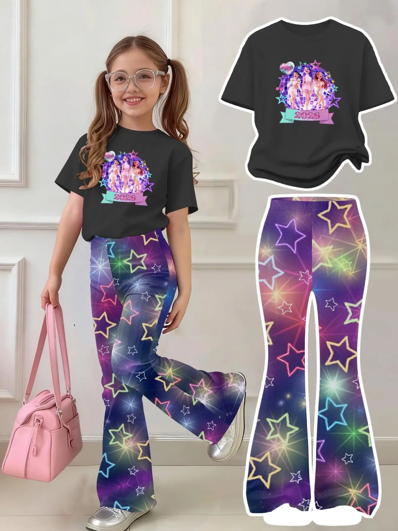 Mädchen 2-teiliges Konzert-Outfit 2026 – Schwarzes Grafik-T-Shirt & Neon-Stern-Print Schlaghosen-Set für Kinder