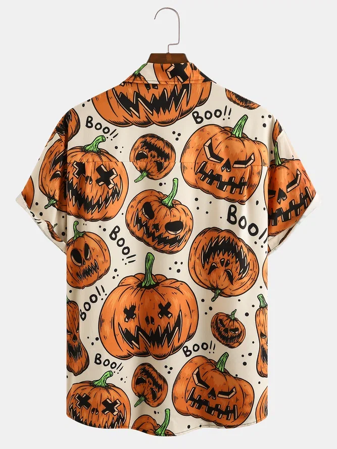 Men\'s Halloween Pumpkin Graphic Print Short Sleeve Shirt Retro Funny Pumpkin Element Pattern Party Wear