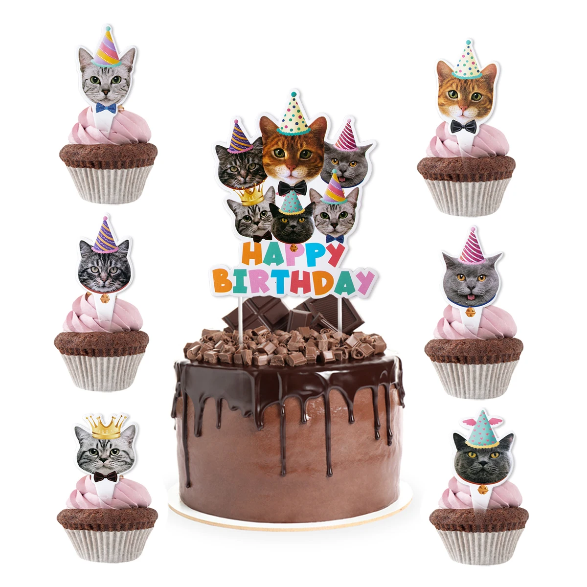 1set Cute Cat Cupcake Toppers Cats Face Cake Topper Pet Theme Cake Decorations Picks Cat Themed Birthday Party Favors Supplies