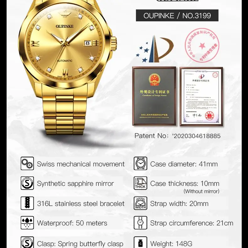 OUPINKE Luxury Real Diamonds Automatic Watch for Men Swiss Certification Men's Mechanical Watch Waterproof Wristwatch Original