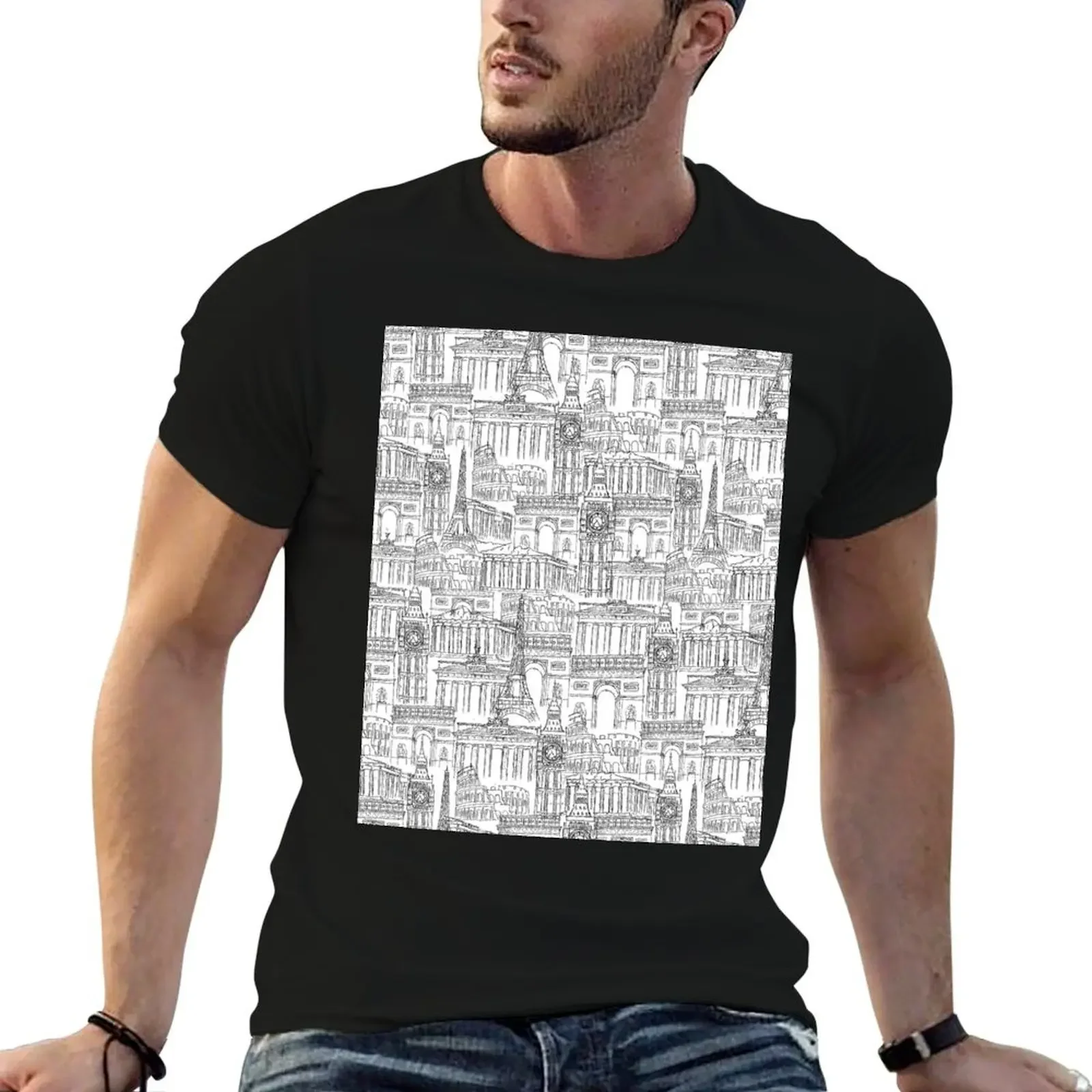 Europe landmark drawing T-Shirt oversizeds vintage anime shirt t shirt for men