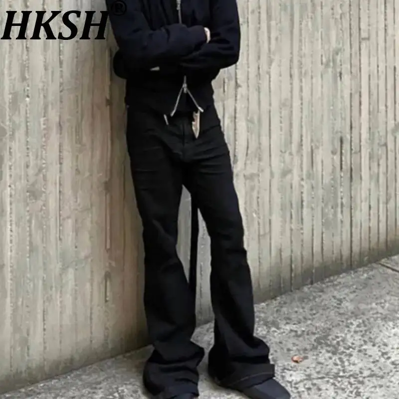 HKSH Nova Coleção Primavera Outono Calças Jeans Unissex com Bainha Evasê e Fita Elástica RO, Estilo Urbano Chique HK25594