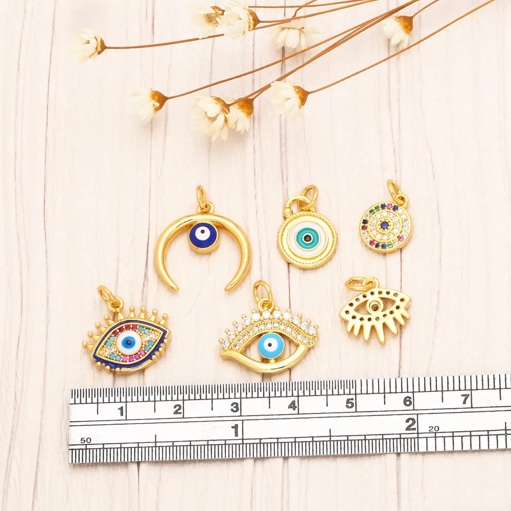 OCESRIO Multicolor Little Turkish Eye Bracelet Earring Charm Copper Gold Plated CZ Evil Eye Jewelry Making Supplies chma180