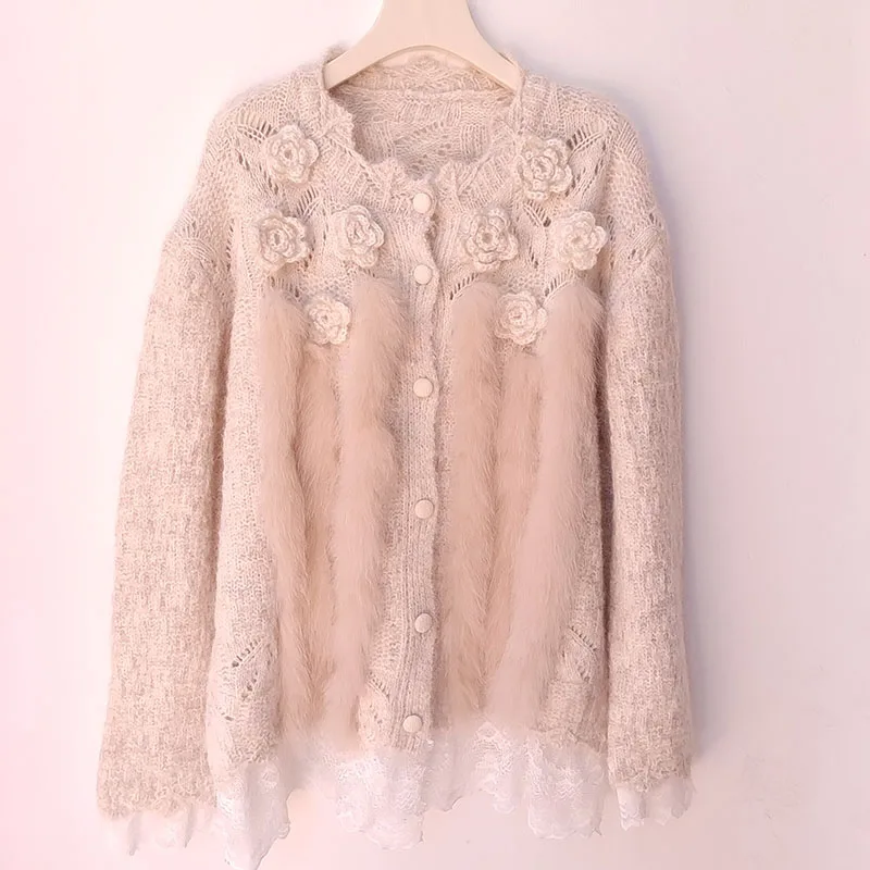 새로운 리얼 폭스 퍼 트리밍 롱 니트 귀여운 가디건 여성용 O넥 긴팔 꽃 장식 버튼 가디건 스웨터