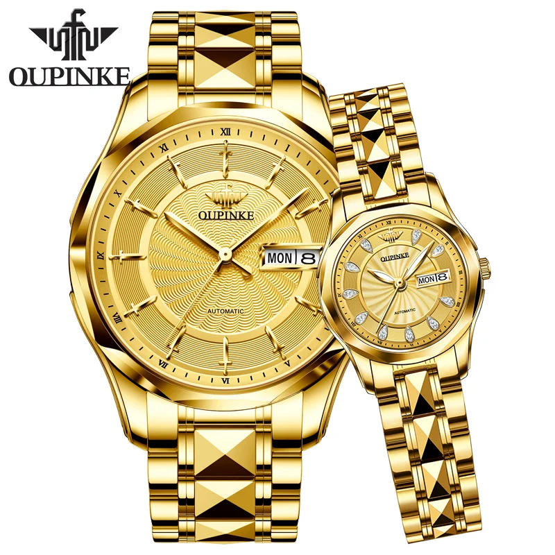 OUPINKE 3172 Gold Watch Men Women High-end Japan Imported Movements Dual Calendar Display Tungsten steel Lover Hand Clock Set