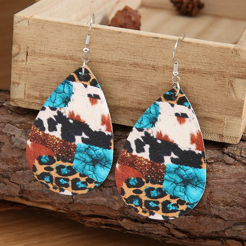 New Drop Shaped Vintage Cow Leopard Print Leather Mom Charm Earrings Western Style Turquoise Pattern Women's Dangle Earrings
