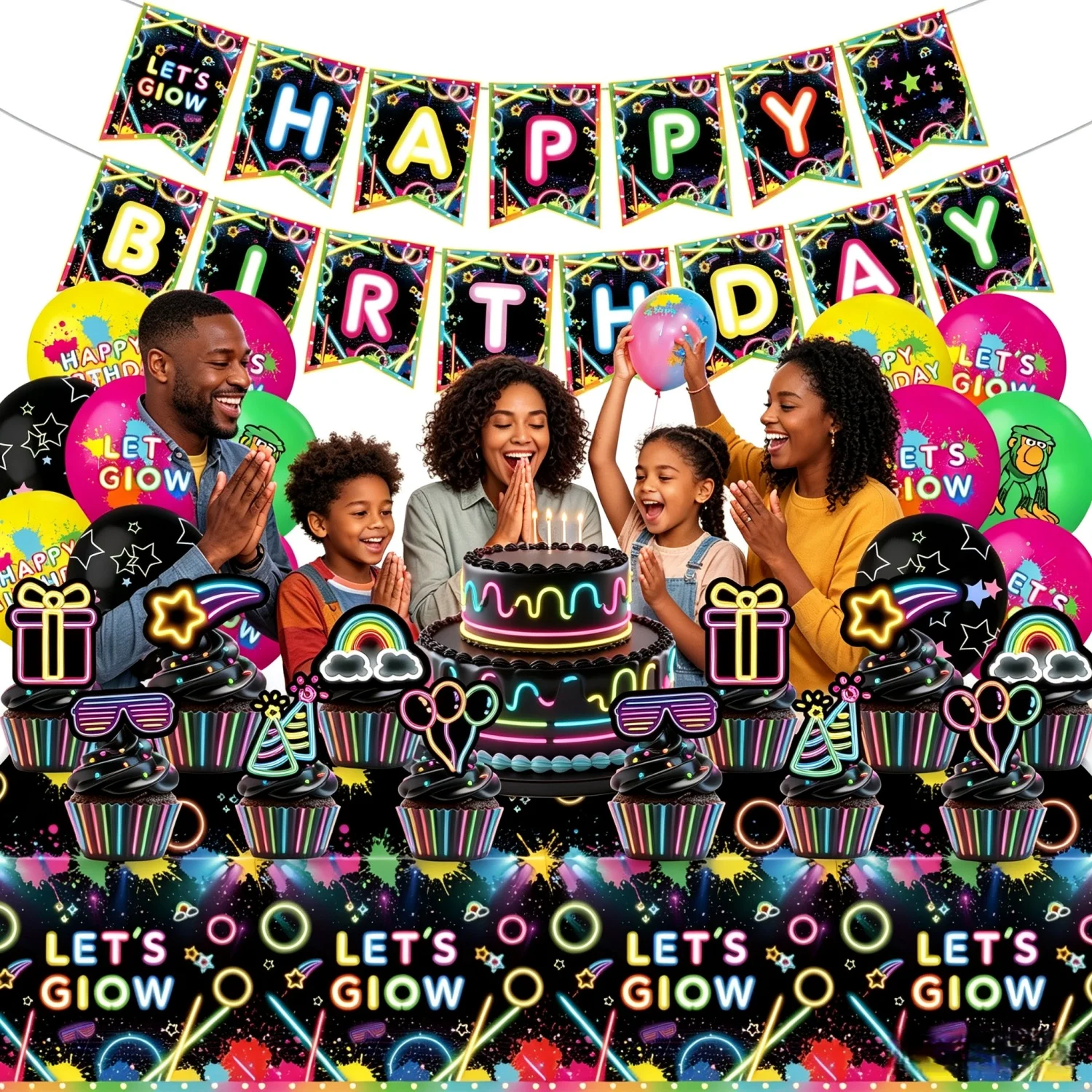 Neon Glow Birthday Party Supplies Tableware Tablecloth Cup Plate Napkin Backdrop Neon Glow In the Dark Party Favors Decorations view 6
