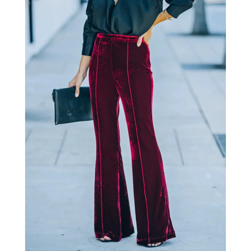 Women’s Velvet High Waist Flared Pants Wide Leg Trousers with Side Stripe Decor Elegant Casual Office Party Bottoms 4 Women's Velvet High Waist Flared Pants Wide Leg Trousers with Side Stripe Decor Elegant Casual Office Party Bottoms 4