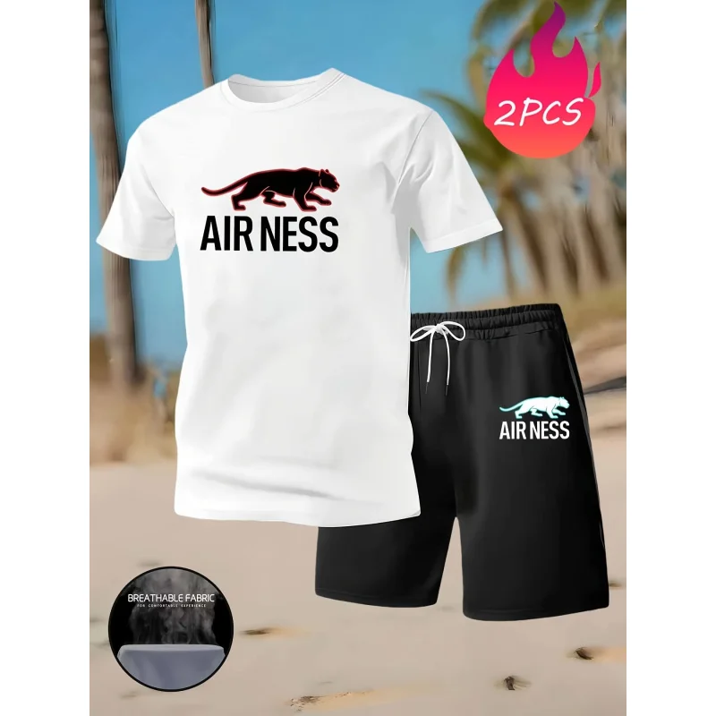 

Versatile Two-Piece Set Summer New Men's Breathable Round Neck Short-Sleeve Outfit T-Shirt Letter Print Casual Shorts Set